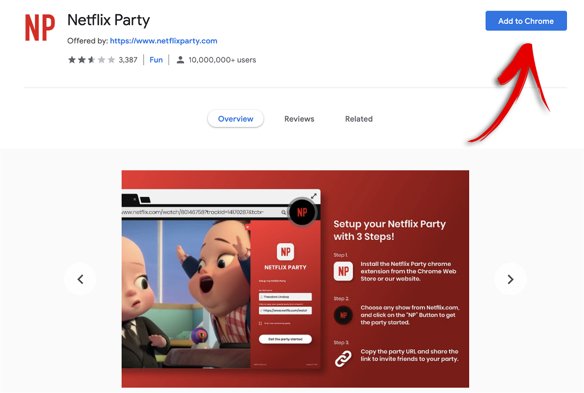 La pagina di Netflix Party sullo store di Google Chrome
