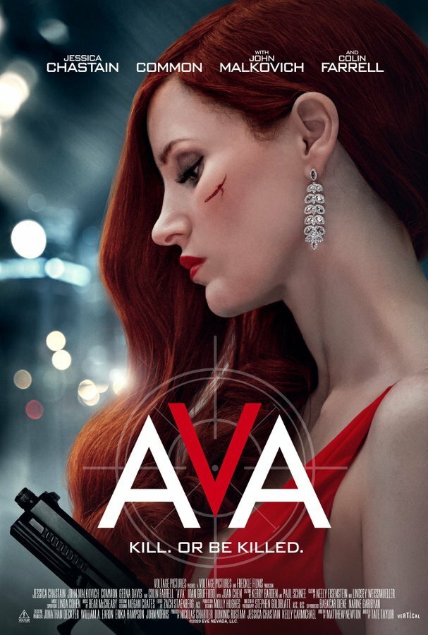 Jessica Chastain vestita di rosso nel poster di Ava