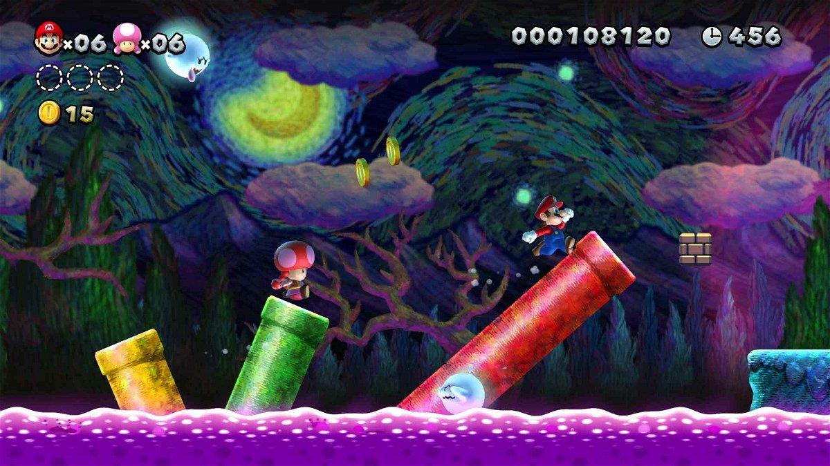Un'immagine dal gameplay in co-op di New Super Mario Bros. U Deluxe