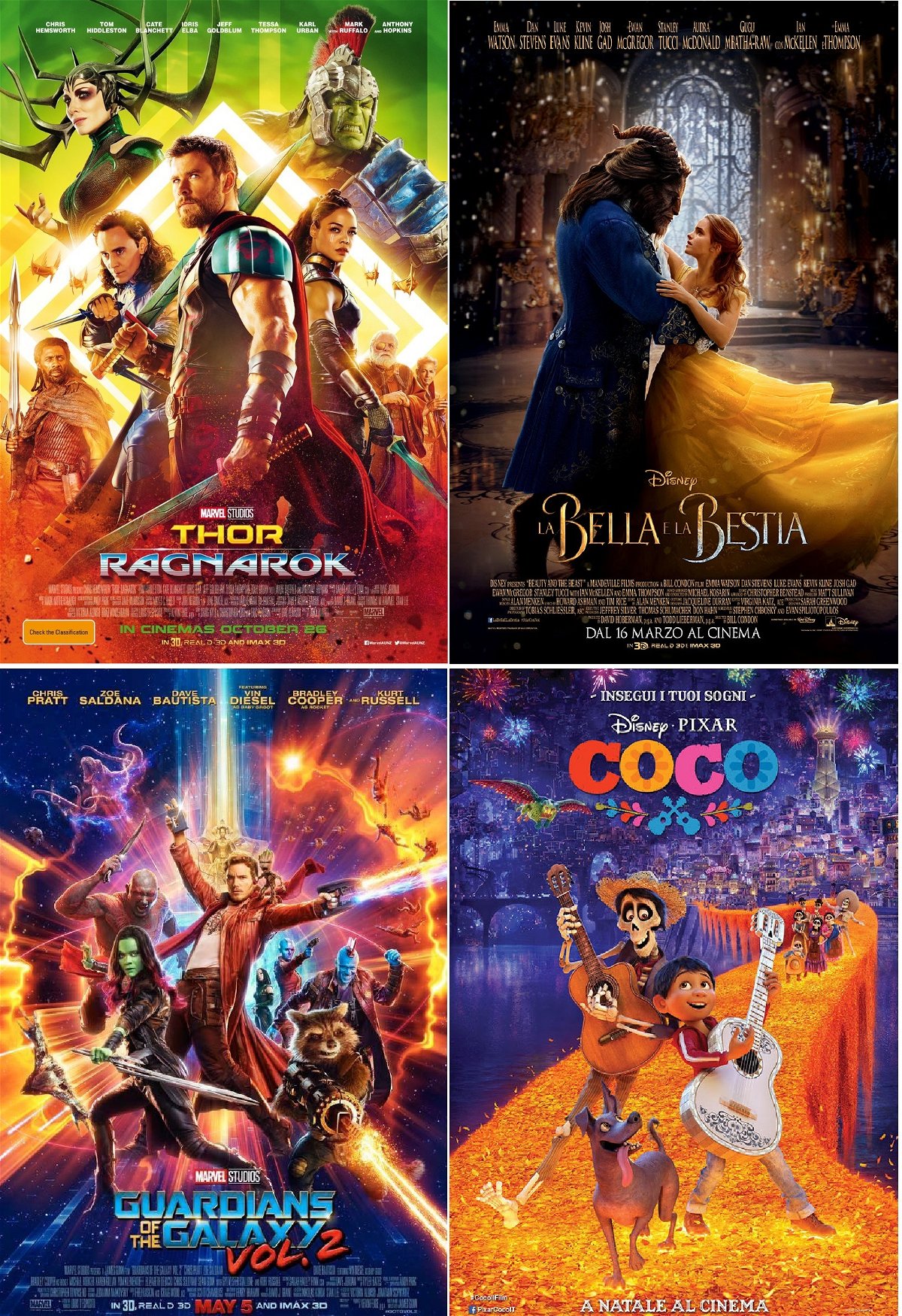 Collae poster di Thor:Ragnarok, La Bella e La Bestia, Guardiani della Galassia Vol. 2 e Coco
