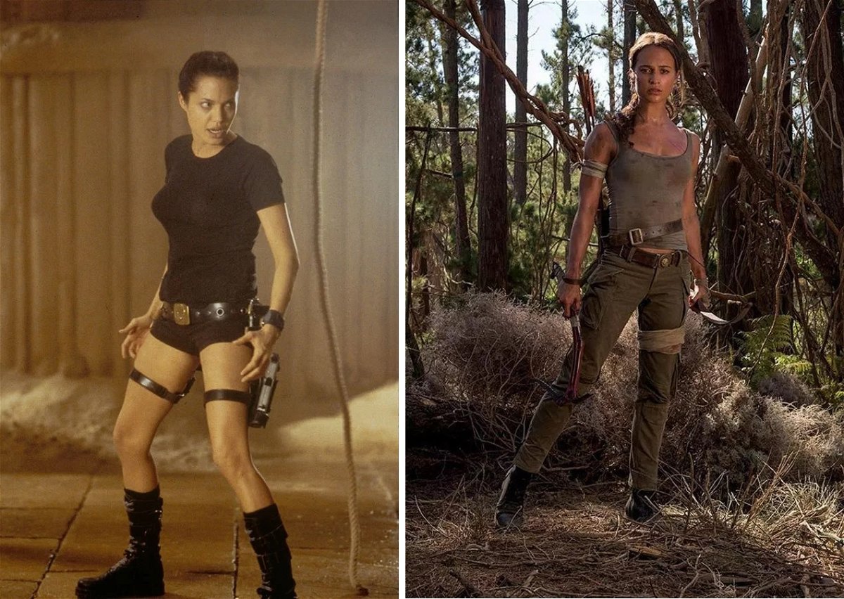Collage di Angelina Jolie e Alicia Vikander nel ruolo di Lara Croft