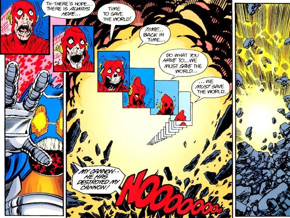 Pagina del numero della miniserie Crisis on Infinite Earths nella quale Barry Allen muore 