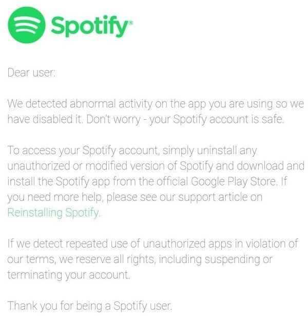 Spotify avvisa via e.mail i clienti che usufruiscono del servizio Premiun tramite app illegali