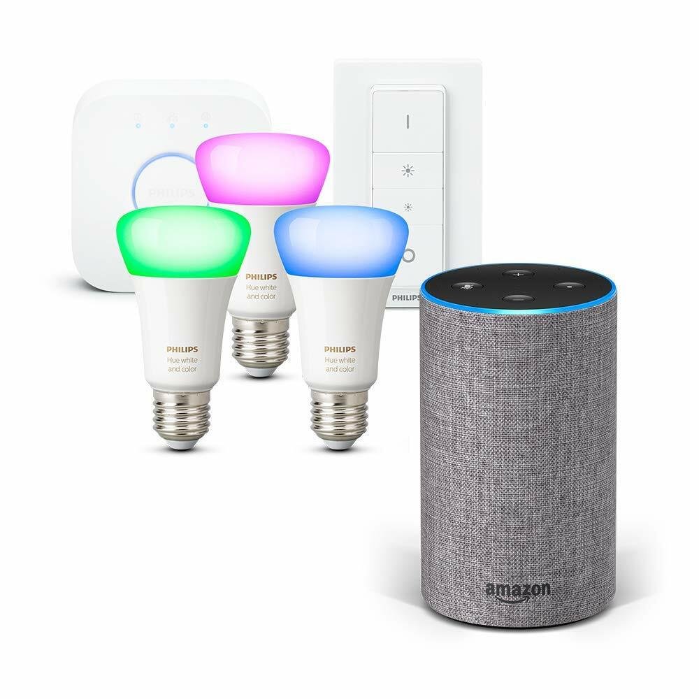Immagine stampa del bundle Amazon Echo + Philips Hue White and Color Ambiance Starter Kit