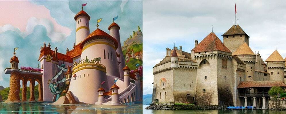 Il castello di Chillon e il castello del film La Sirenetta a confronto