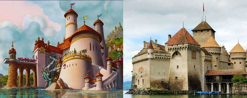 Clicca per vedere l'immagine originale Il castello di Chillon e il castello del film La Sirenetta a confronto