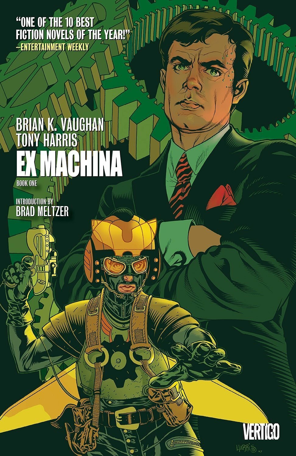 La cover del fumetto di Ex Machina presenta un verde dominante e due personaggi