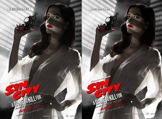 Il poster approvato e quello censurato di Sin City - Una donna per cui uccidere