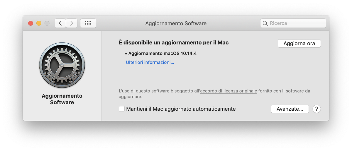 Screen della sezione Aggiornamento Software per il downlaod di macOS 10.14.4