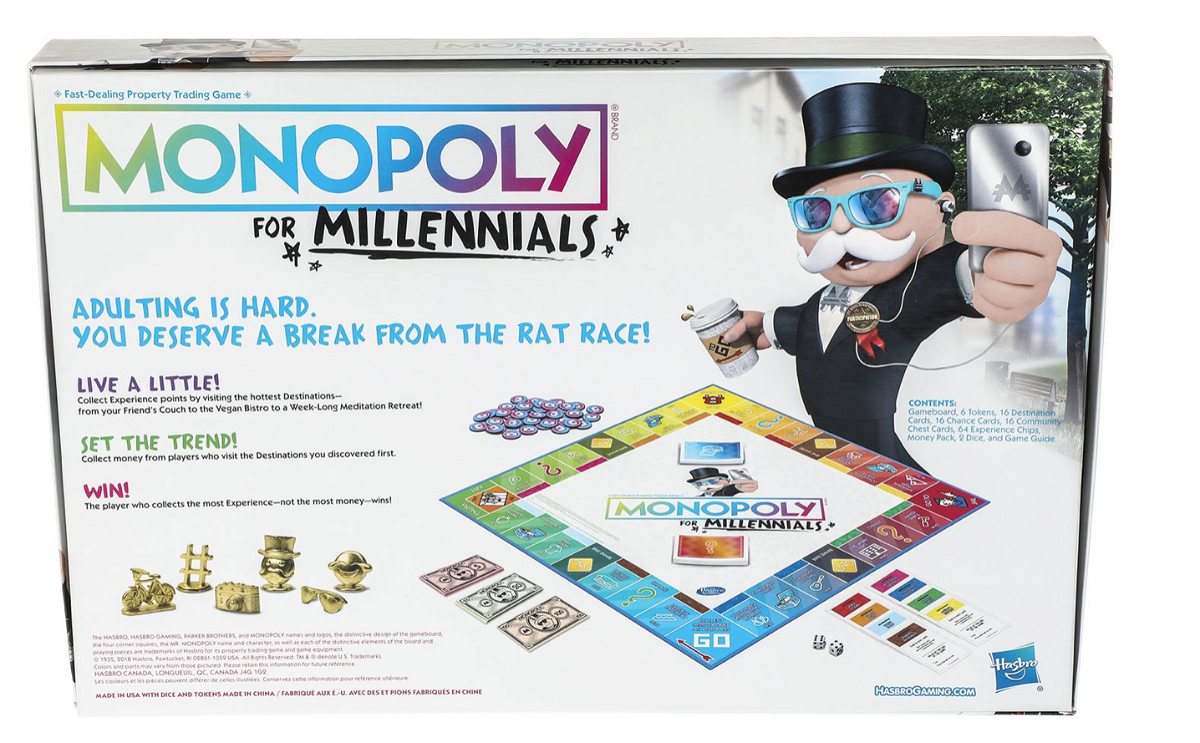 Il retro della scatola del nuovo Monopoly 