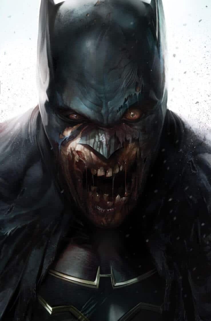 Primo piano di Batman diventato uno zombie, nella variant cover di DCeased disegnata da Francesco Mattina