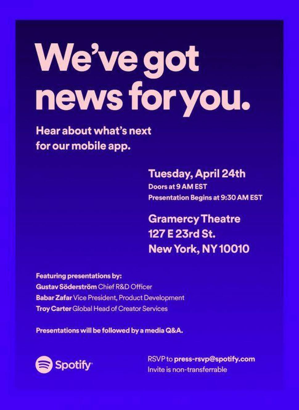 Dettagli dell'evento di Spotify organizzato a New York per il 24 aprile 2018