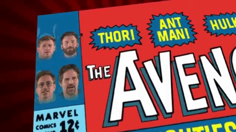 I volti degli attori Robert Downey Jr., Mark Ruffalo, Chris Evans e Chris Hemsworth si trasformano nella loro controparte cartacea Iron Man, Hulk, Capitan America e Thor