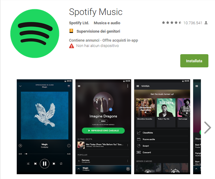 L'app di Spotify Music nel Google Play Store da scaricare gratuitamente 