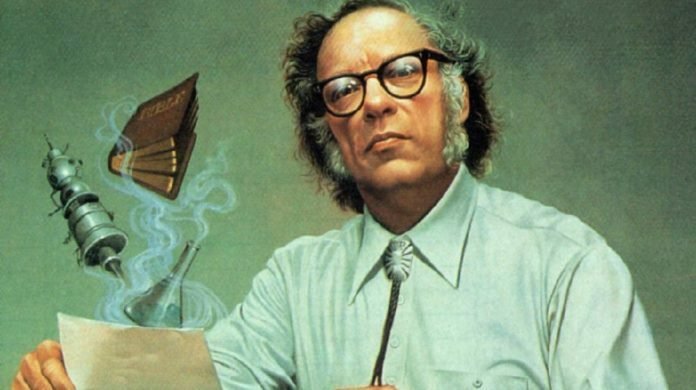 Mezzobusto disegnato di Isaac Asimov con astronavi e libri che svolazzano