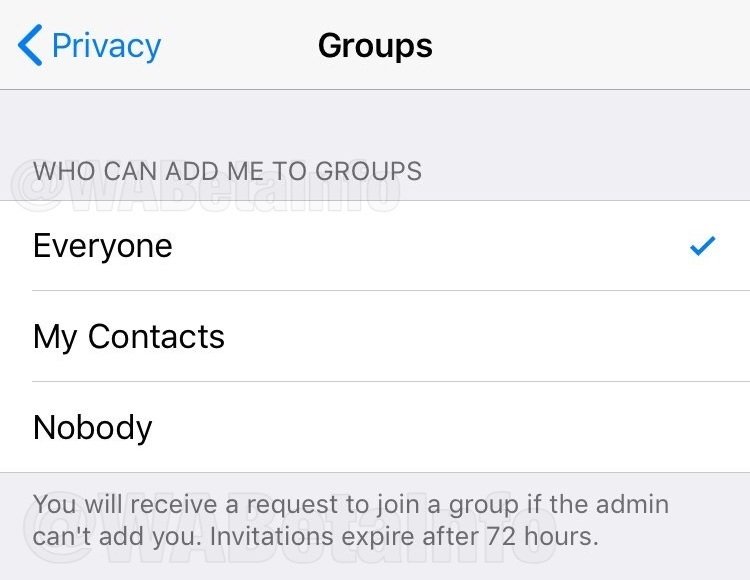 Screen dei filtri per gli inviti nei Gruppi in arrivo su WhatsApp