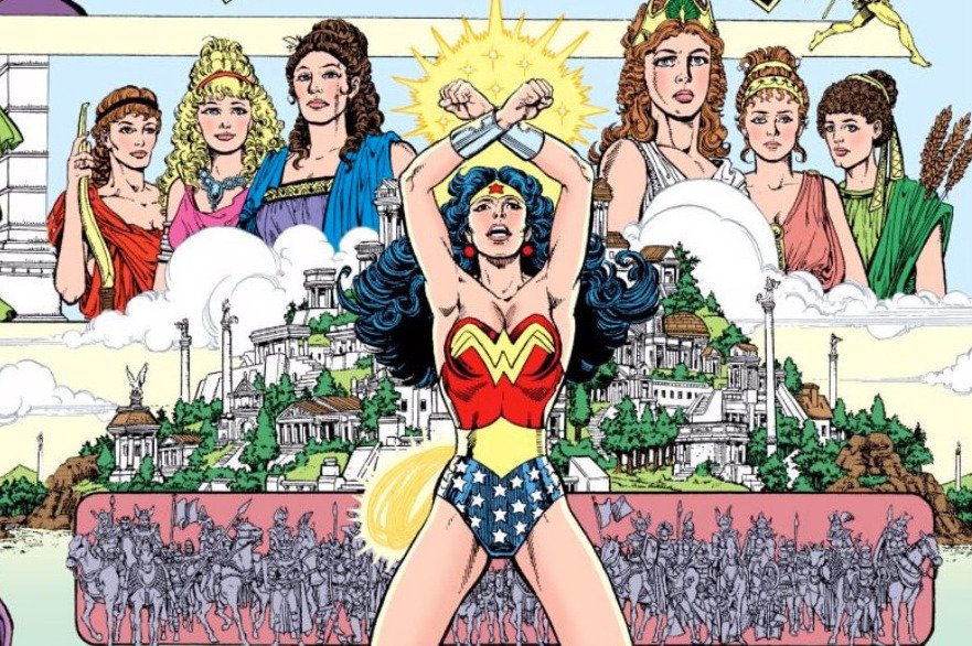 Composizione disegnata da Pérez di Wonder woman con le braccia unite e le sue sorelle Amazzoni