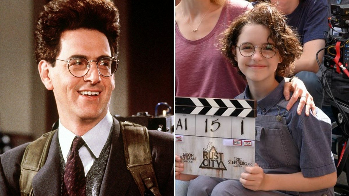 A sinistra il personaggio di Egon Spengler interpretato da Harold Ramis nei primi due Ghostbusters degli anni '80, a destra l'attrice Mckenna Grace nella prima foto dal set di Ghostbusters 2020