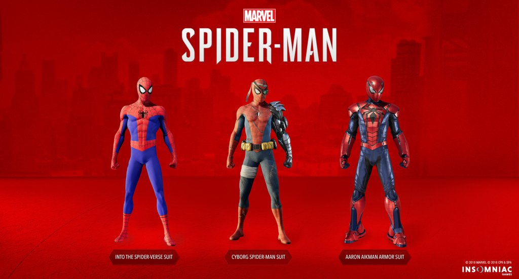 Immagine stampa con i tre nuovi costumi in arrivo su Marvel's Spider-Man per PS4