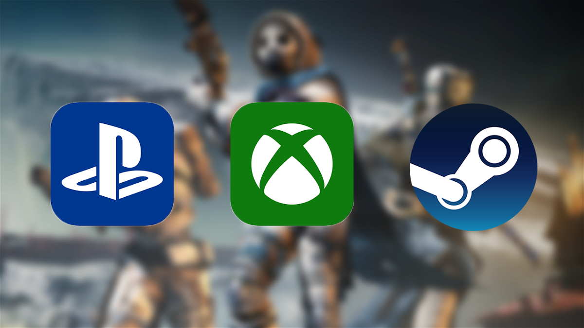 Le icone di PS4, Xbox One e Steam; sullo sfondo un'immagine promozionale di Destiny 2