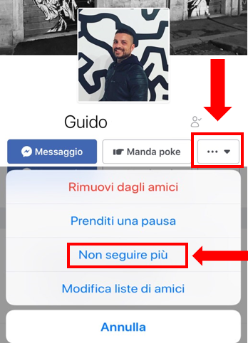 Tutorial che mostra come disattivare la funzione SEGUI di un profilo Facebook da mobile