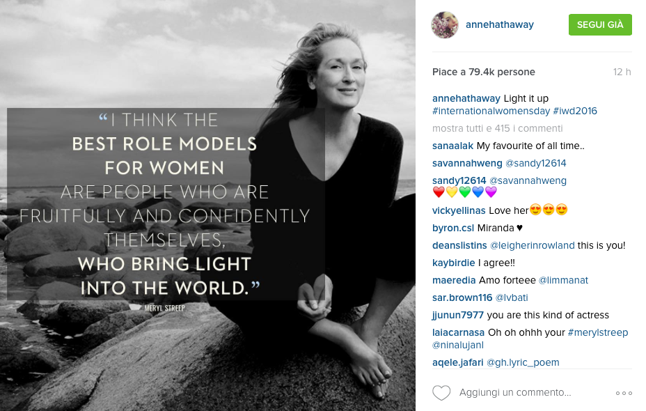 Post di Anne Hathaway su Instagram per la Festa della Donna