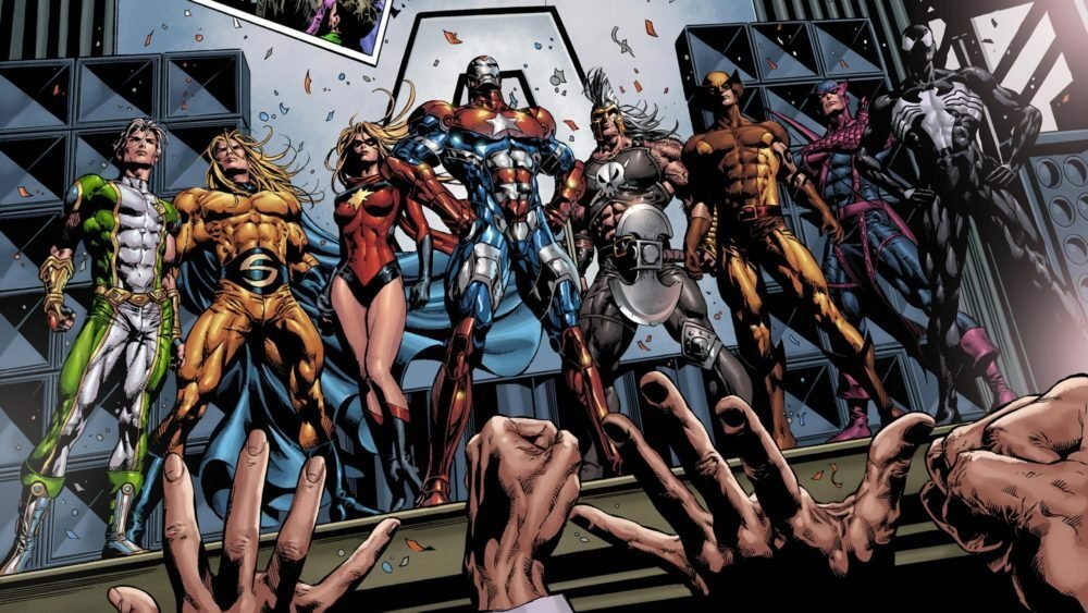 I Dark Avengers nei fumetti (da sinistra a destra): Noh-Varr, Sentry, Capitan Marvel, Iron Patriot, Ares, Wolverine, Occhio di Falco, Venom