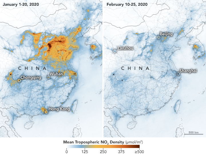 Il grafico della NASA che mostra la significativa riduzione del livello di smog in Cina in seguito al coronavirus
