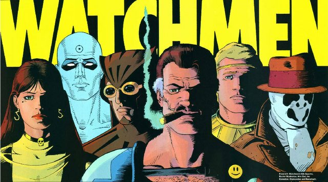 Mezzibusti disegnati dei protagonisti di Watchmen, con il logo sulle loro teste