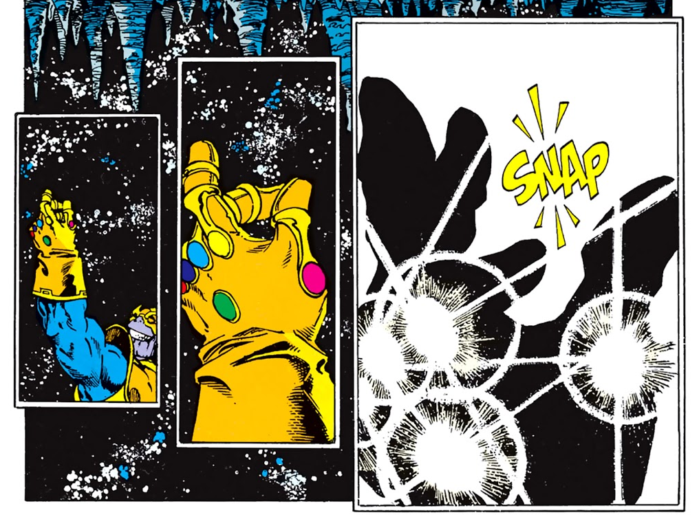 Thanos nel fumetto Il guanto dell'infinito schiocca le dita, in un disegno diviso in tre vignette
