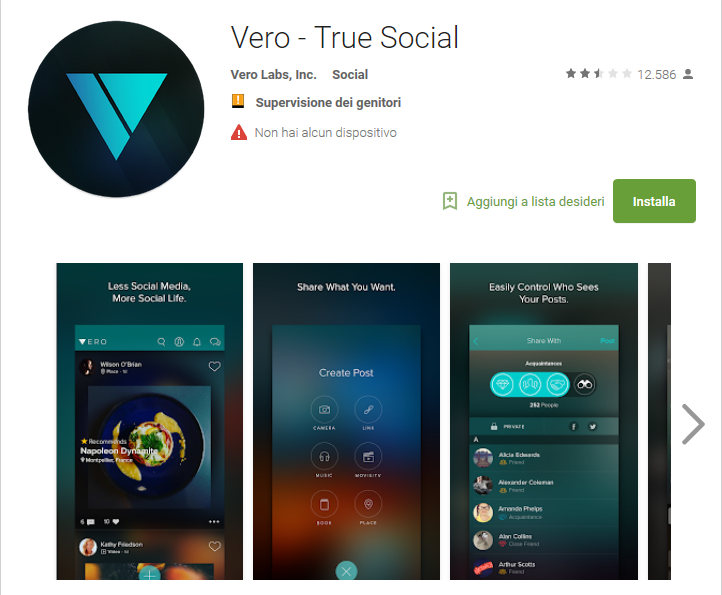 App di Vero su Google Play Store per i dispositivi con Android