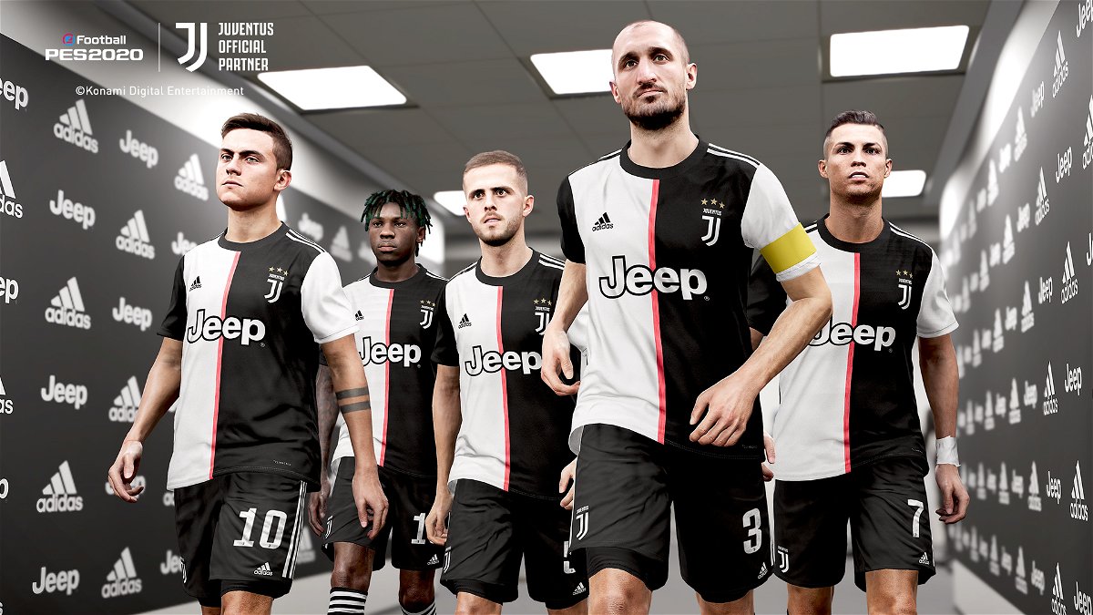 Immagine promozionale di eFootball PES 2020 con i calciatori della Juventus FC