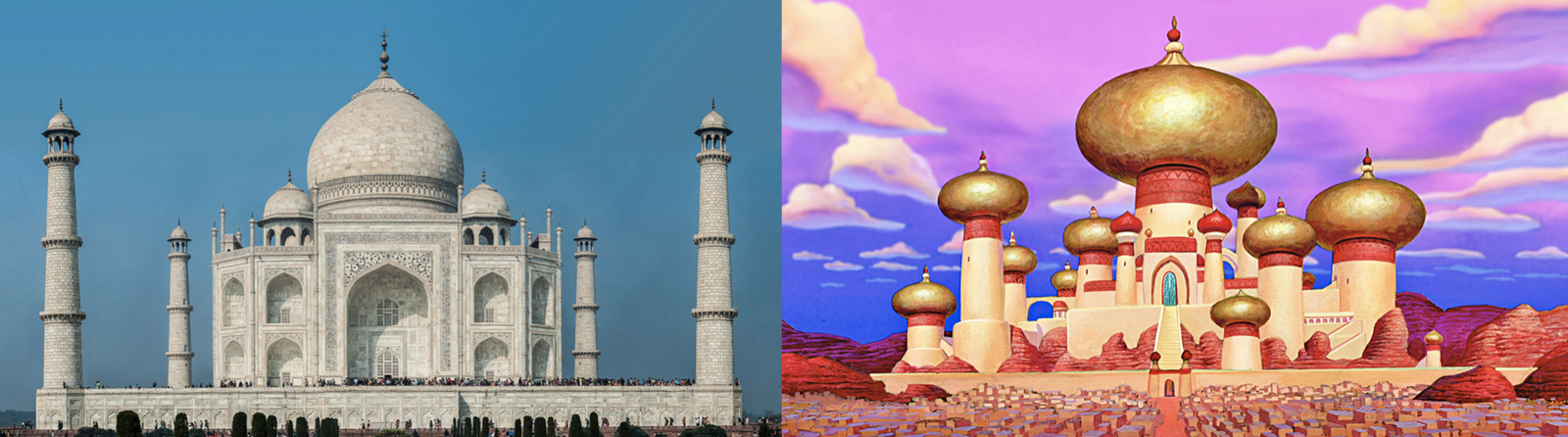 Clicca per vedere l'immagine originale Il Taj Mahal e il castello del film Aladdin a confronto