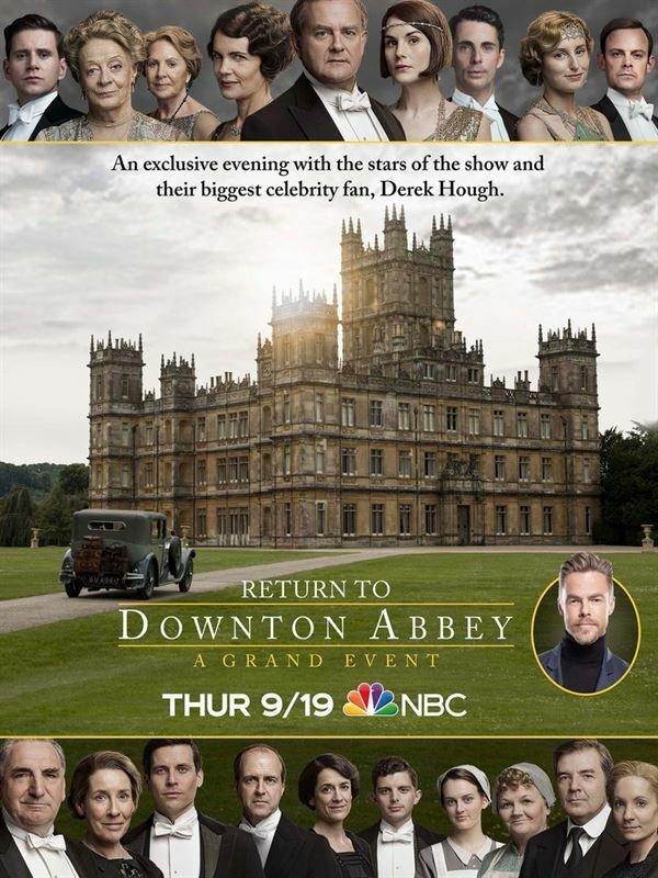 Il poster dell'evento Downton Abbey: A Grand Event: nella parte centrale si vede il castello Highclare, nella parte superiore la famiglia Crawley e nella parte inferiore ci sono i volti dei membri facente parte della servitù