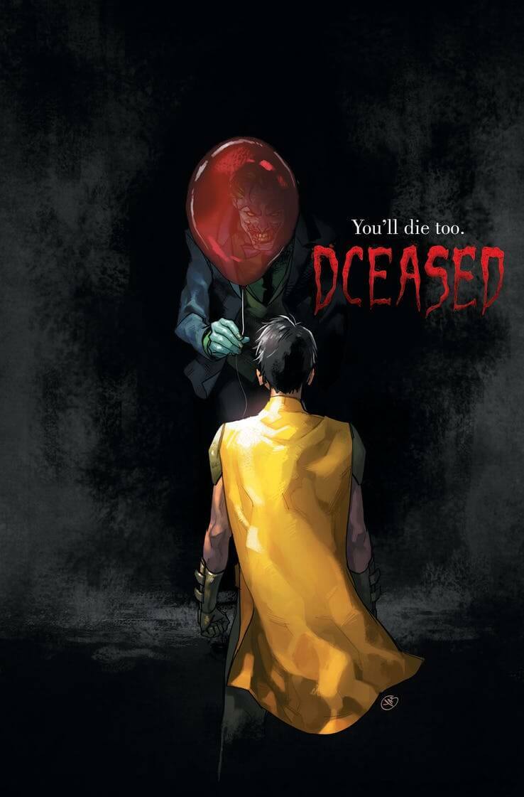 Clicca per vedere l'immagine originale Robin, di spalle, guarda il Joker in penombra che gli offre un pallocino rosso, nella variant cover disegnata da Yasmine Putri