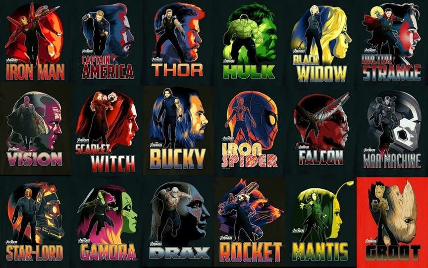 I character poster di Vendicatori e Guardiani della Galassia per Avengers 4