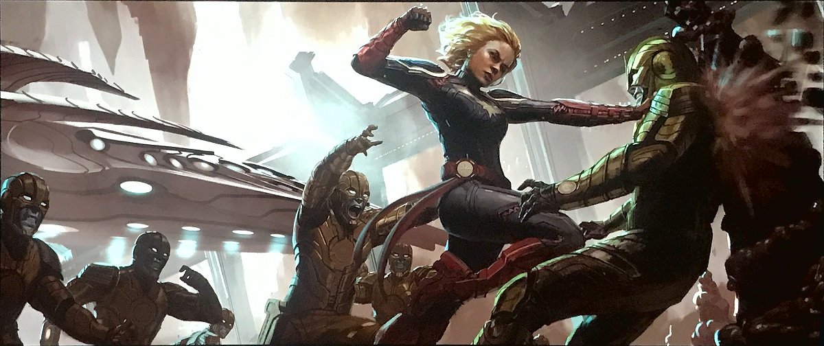 Carol Danvers in costume da Captain Marvel in una concept art del film