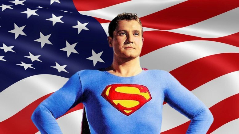 Mezzobusto di George Reeves in costume da Superman, con bandiera americana sullo sfondo