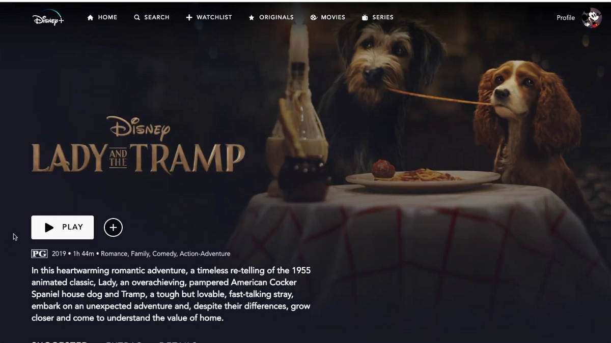 La schermata principale della scheda del film di Disney+