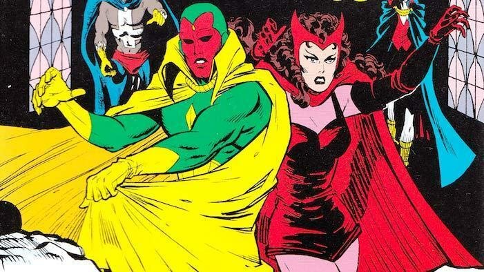 Visione e Scarlet Witch insieme, in una immagine dei fumetti. Entrambi indossano un mantello, il primo ha un costume verde e giallo, la seconda veste di rosso