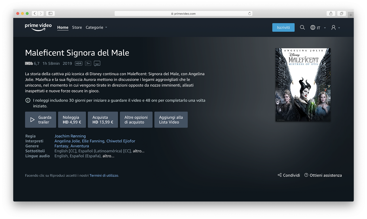 La scheda di Maleficent Signora del Male su Amazon Prime Video Store