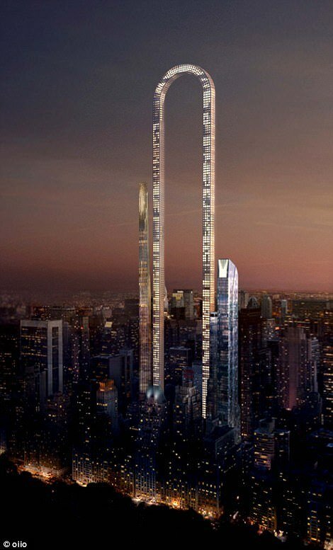 Un rendering che mostra il grattacielo The Big Bend illuminato durante le ore notturne 