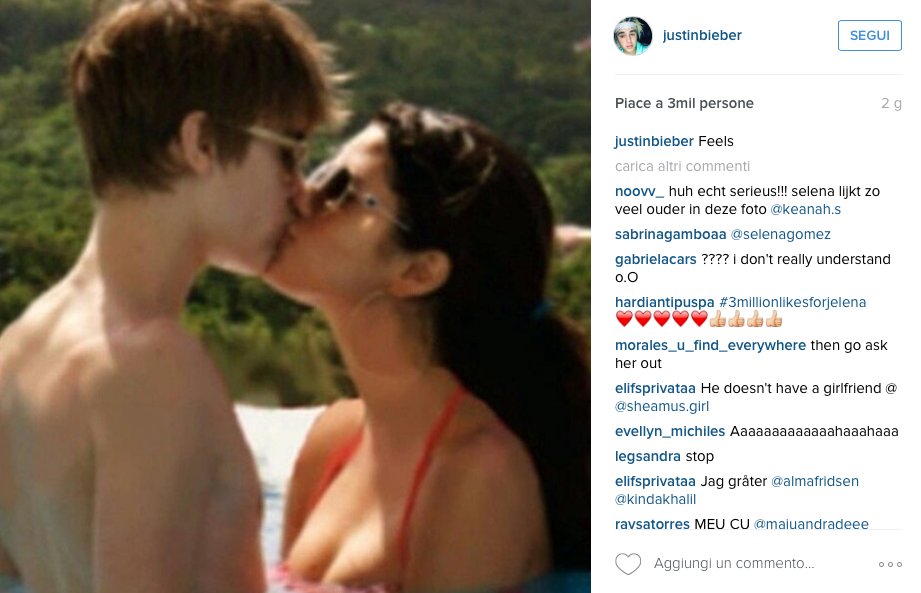 Foto di Justin Bieber e Selena Gomez che si baciano su Instagram