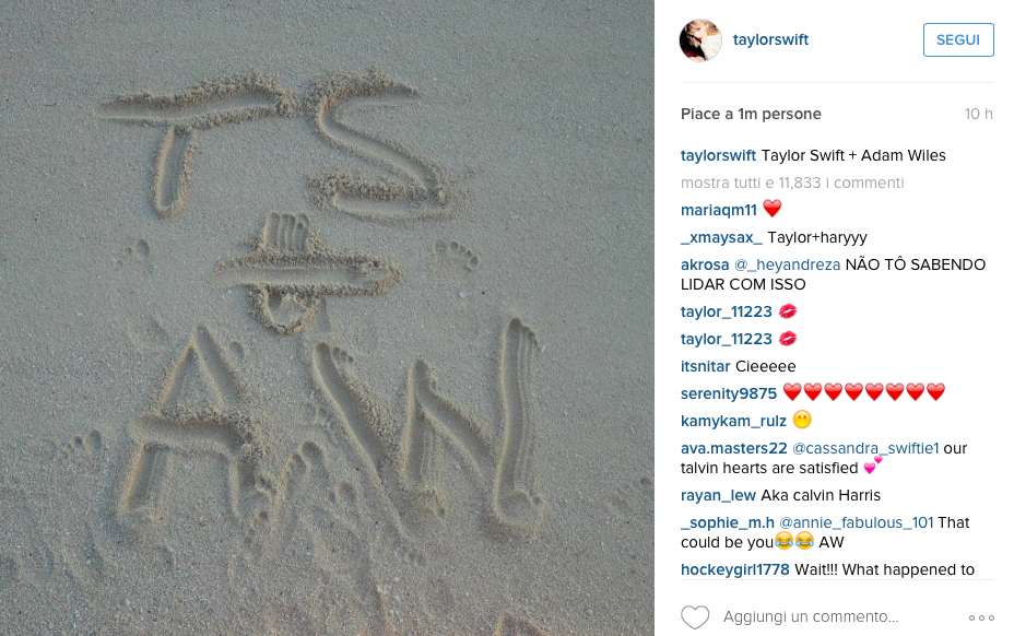 Iniziali di Taylor Swift e Calvin Harris scritte sulla sabbia