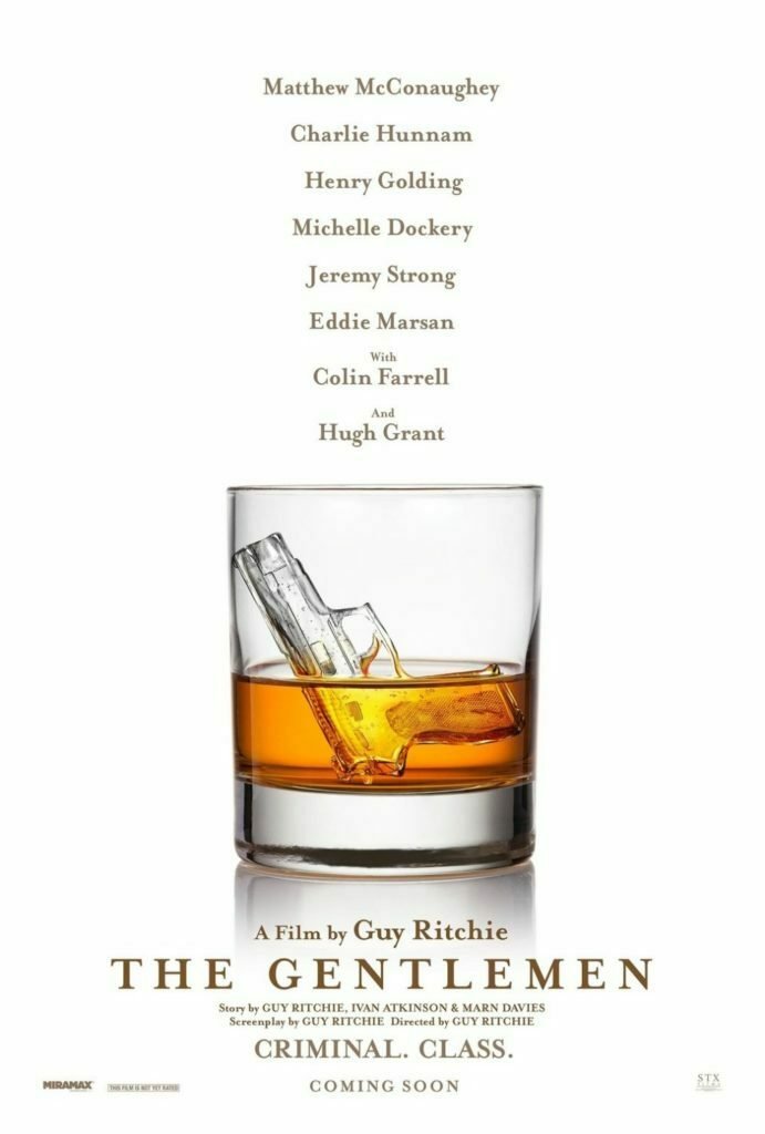 Poster di The Gentlemen, nuovo film di Guy Ritchie, con un bicchiere e del ghiaccio a forma di pistola