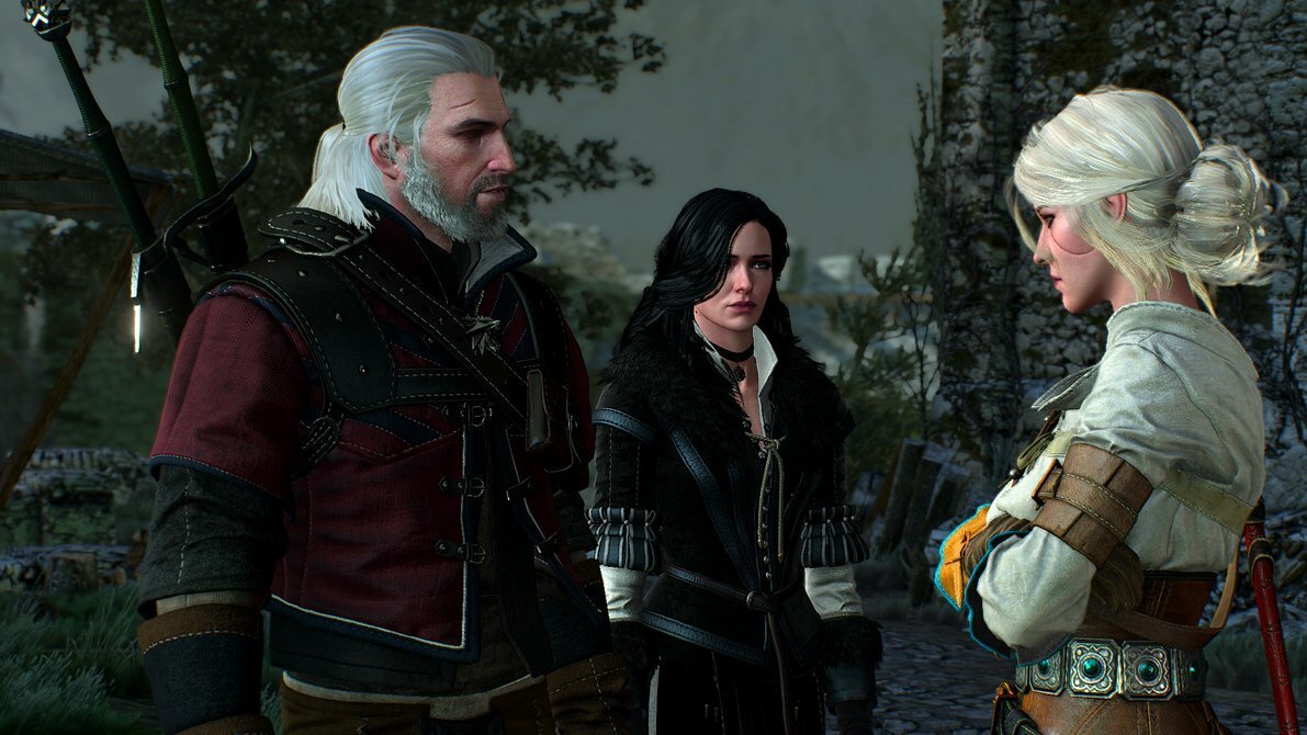 Geralt, Yennefer e Ciri riuniti in una scena da The Witcher 3: Wild Hunt