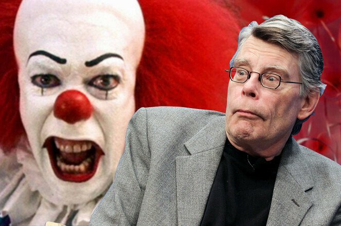 Un collage tra Stephen King e un clown