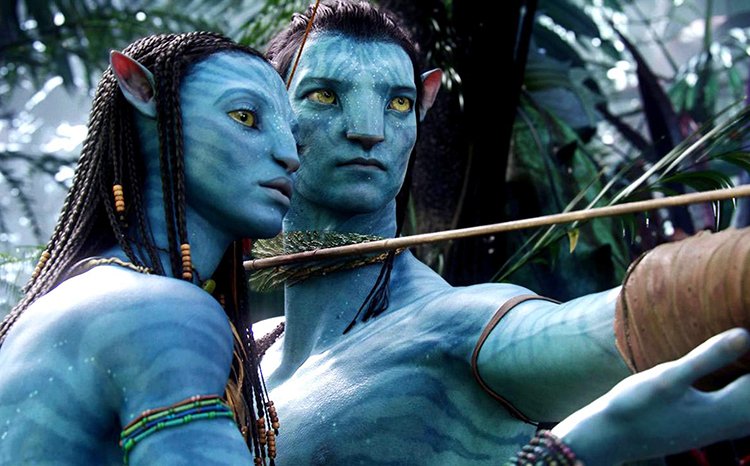 Zoe Saldana (Neytiri) e Sam Worthington (Jake) in una scena di Avatar (2009)
