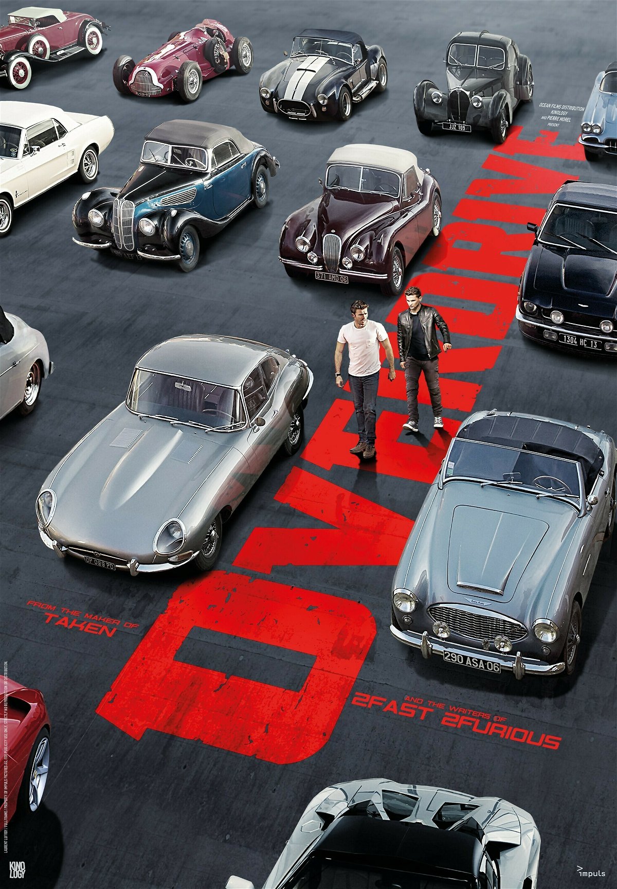 Il poster di Overdrive con tutte le auto del film