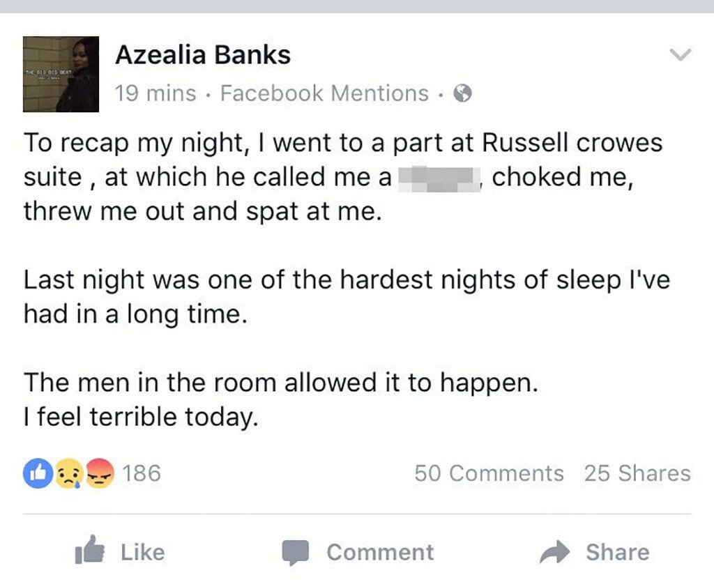 Azealia Banks accusa Russell Crowe di violenza su Facebook